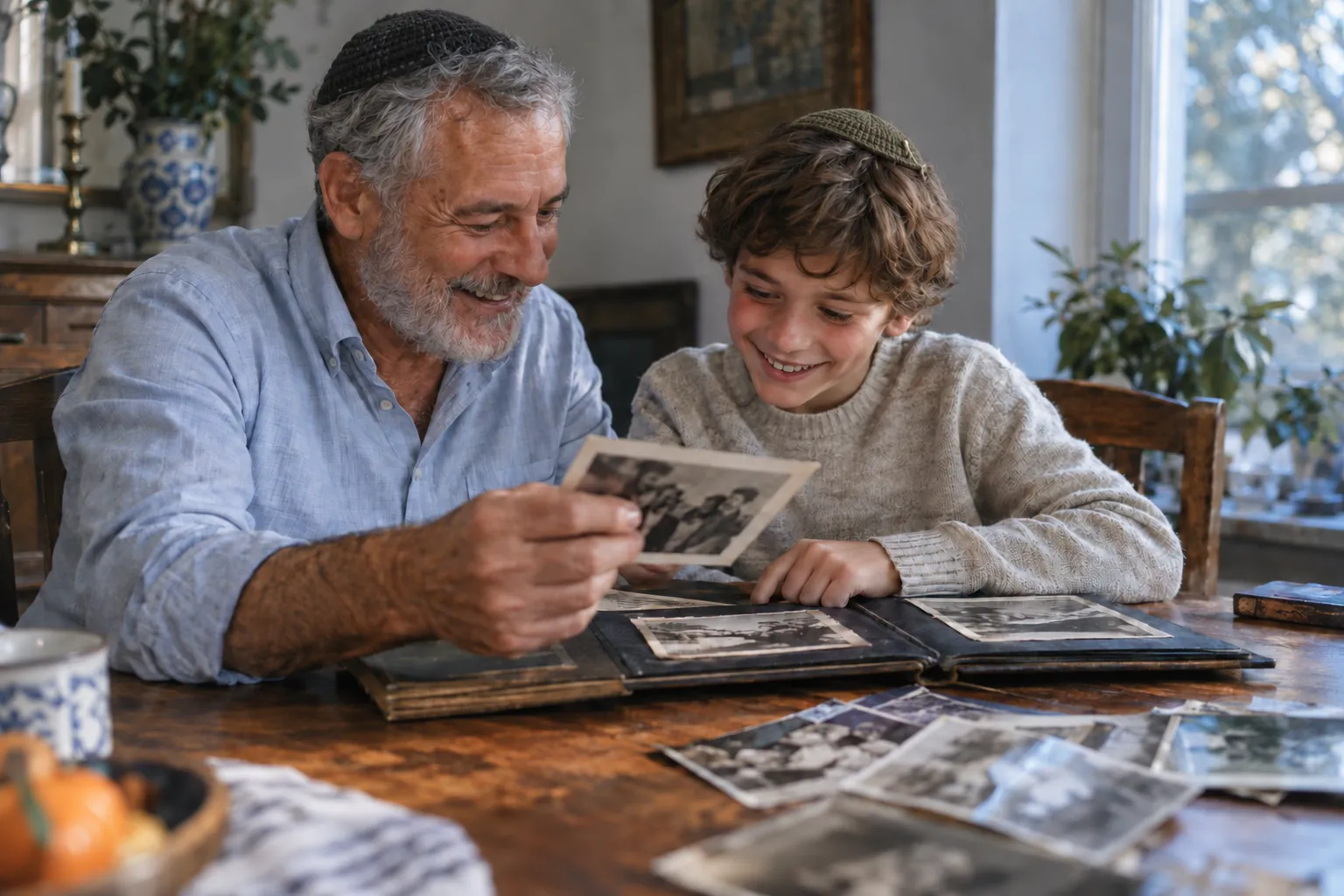A grandfather in a black kippah and a boy in an olive kippah looking through family photographs at home
