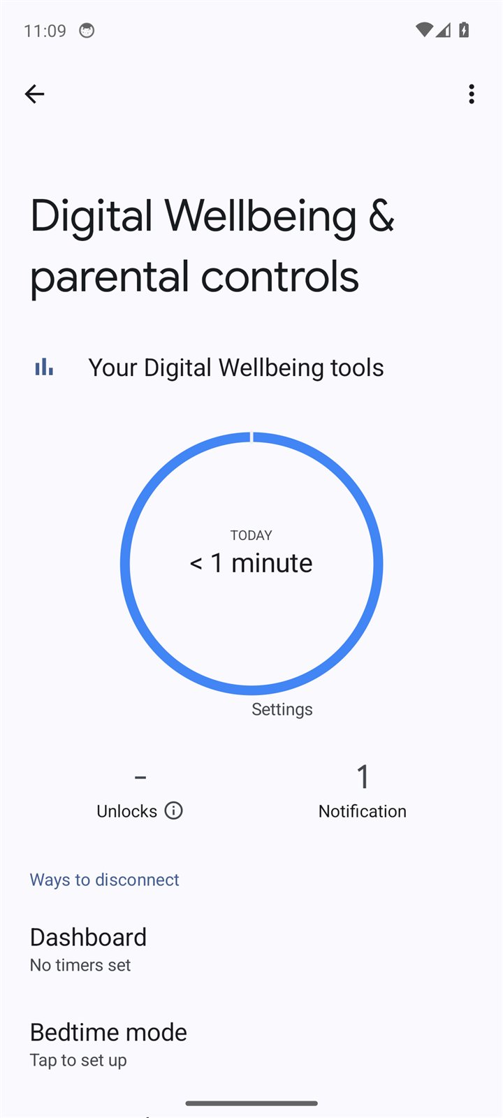Android's Digital Wellbeing and parental controls page, showing today's screen time, the Dashboard and Bedtime mode