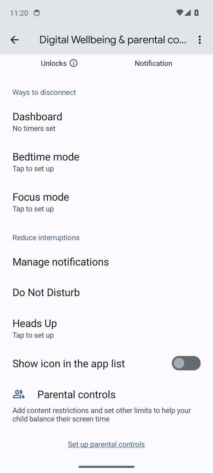 Android's Digital Wellbeing & parental controls page, lower down: Ways to disconnect (Dashboard, Bedtime mode, Focus mode) and Set up parental controls