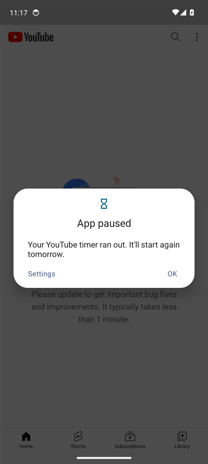 Android's App paused message over YouTube: Your YouTube timer ran out. It'll start again tomorrow.