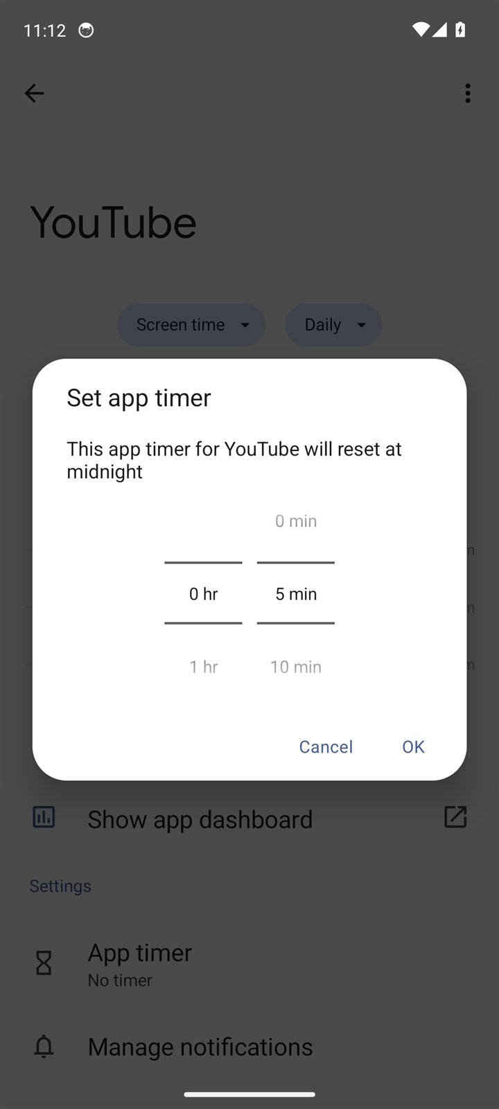 Android's Set app timer box for YouTube set to 5 minutes, saying the timer will reset at midnight