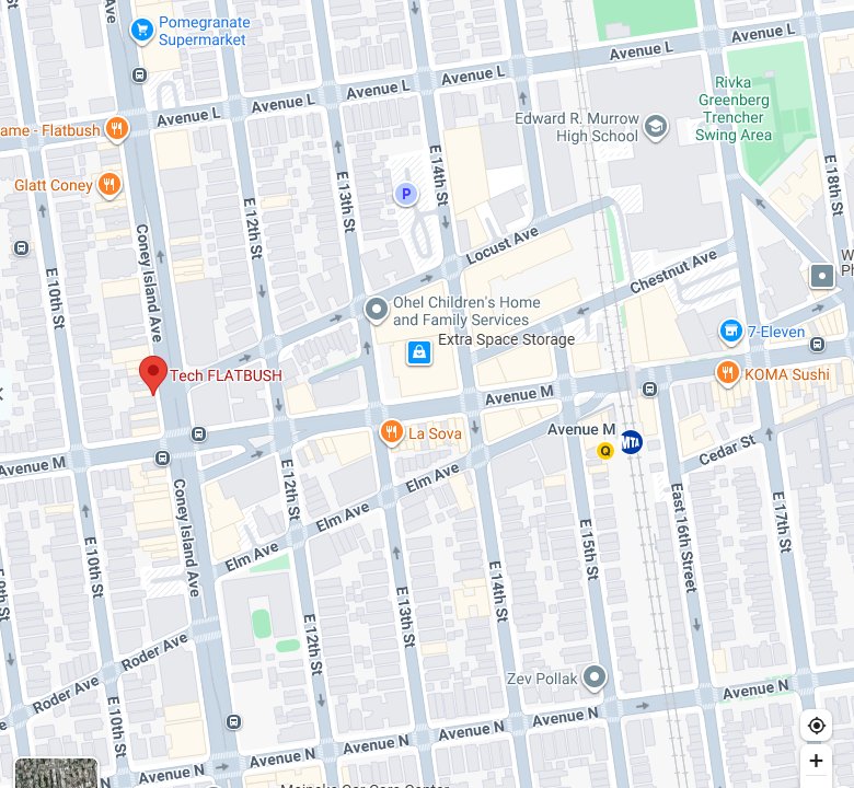 Google Maps: the Tech Flatbush location on Coney Island Ave between Avenue L and Avenue M, Brooklyn, near the Avenue M station