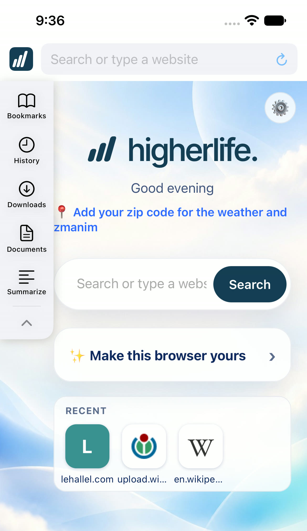 The HigherLife browser on an iPhone: its home with search, recent sites, and the side tools: Bookmarks, History, Downloads, Documents and Summarize