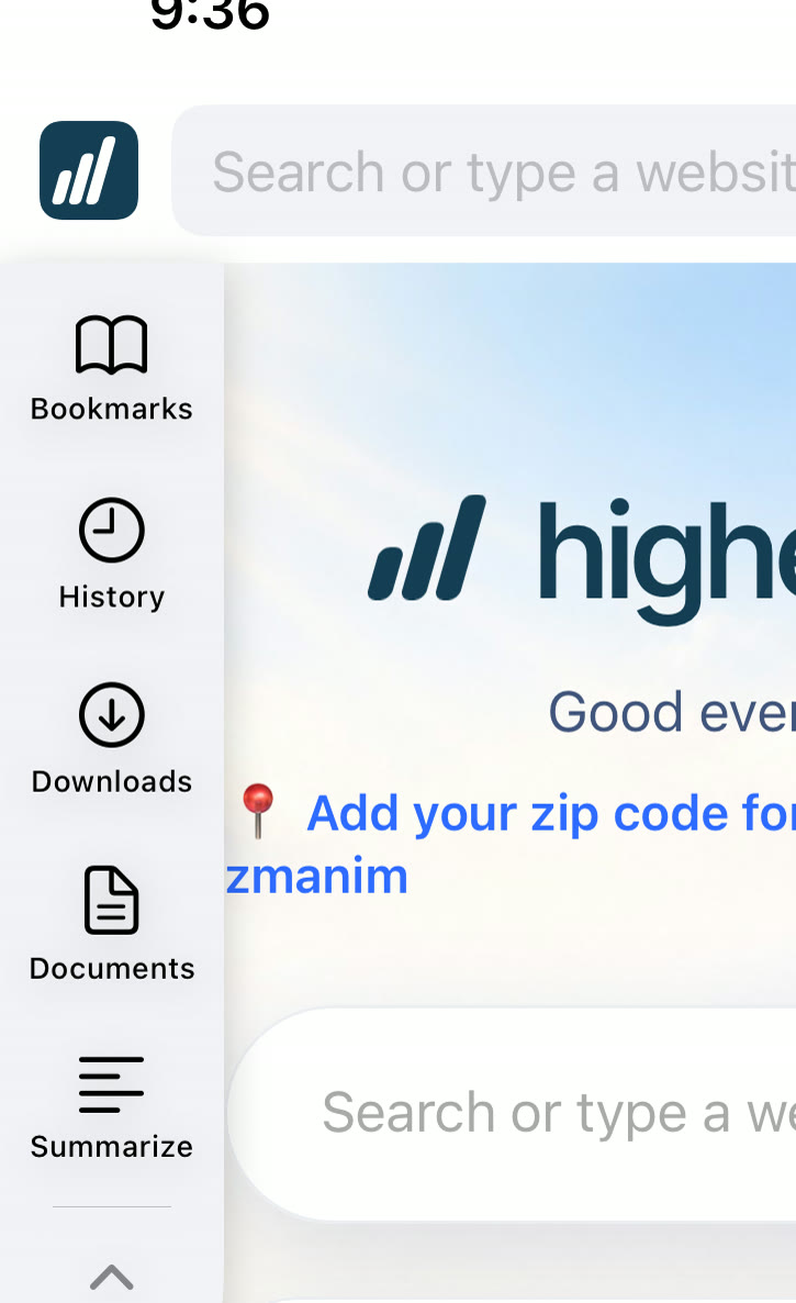 The HigherLife browser on an iPhone: the side tools, Bookmarks, History, Downloads, Documents and Summarize, beside the home page