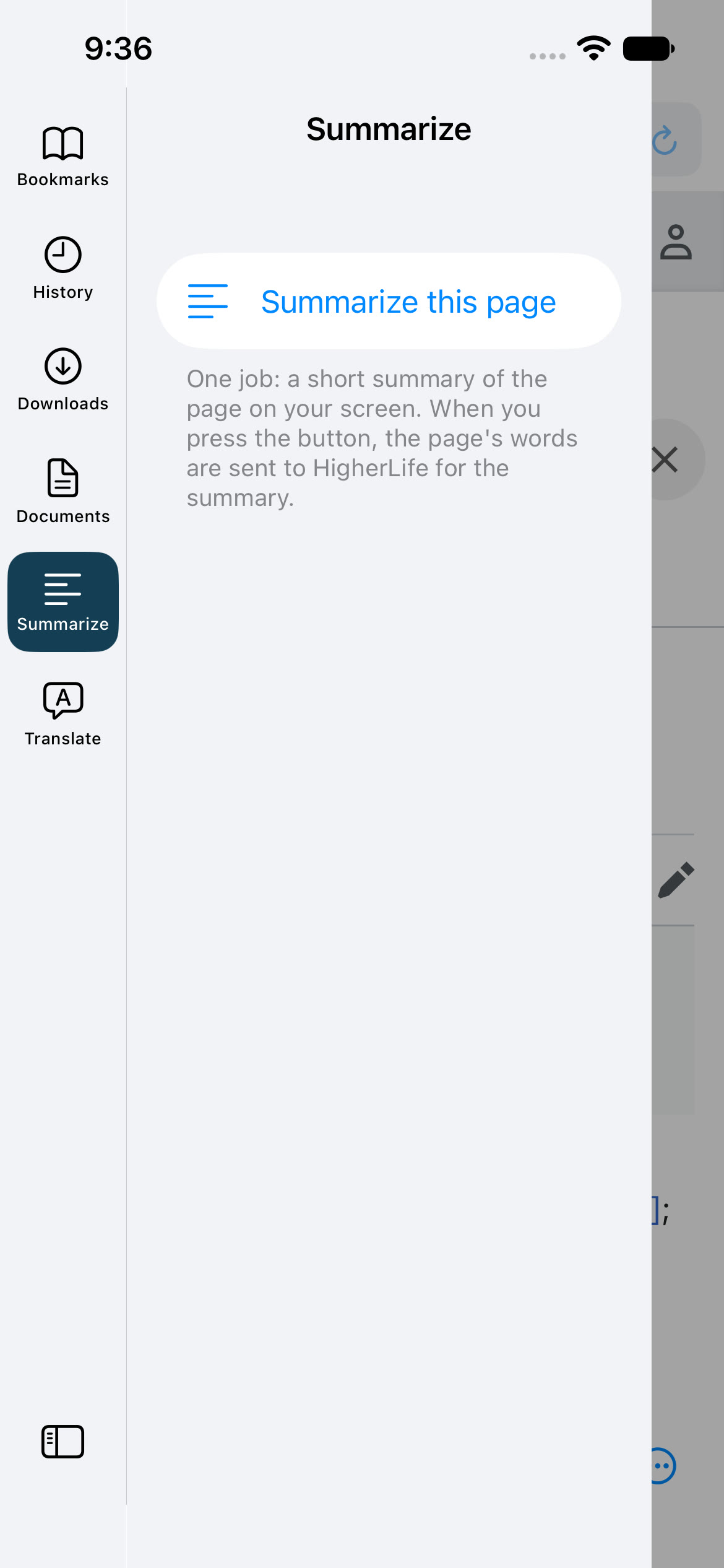 The HigherLife browser on an iPhone: the Summarize tool, Summarize this page