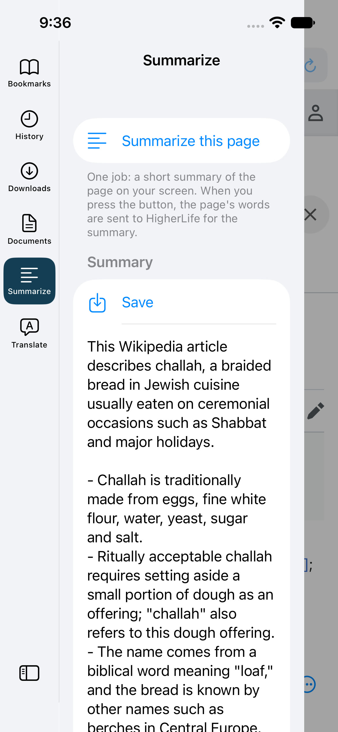 The HigherLife browser on an iPhone: a summary of a Wikipedia page about challah, with Save