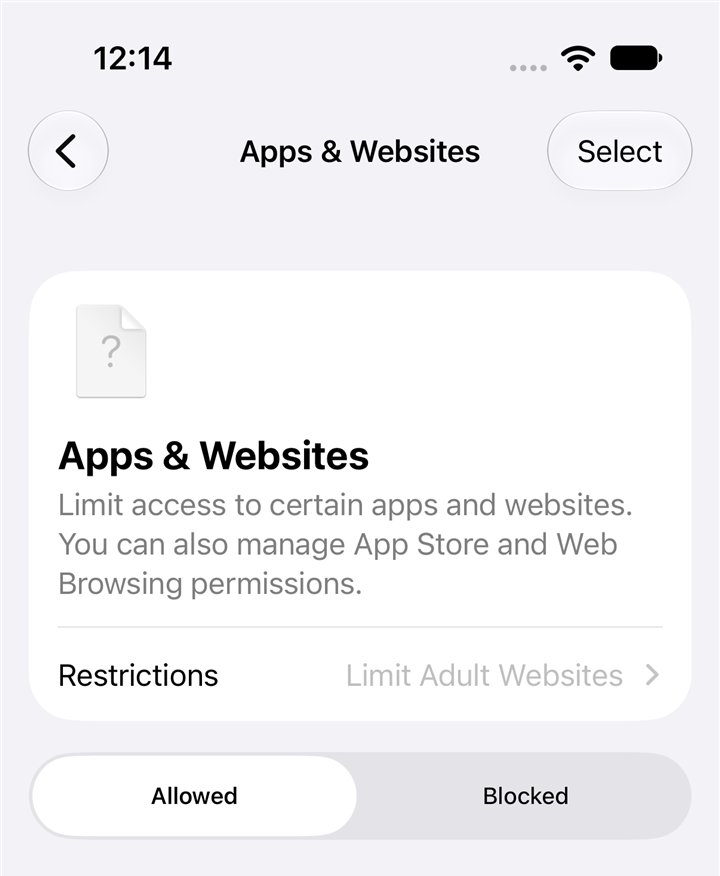 iPhone Screen Time, Apps and Websites in iOS 27: Restrictions set to Limit Adult Websites, with Allowed and Blocked lists