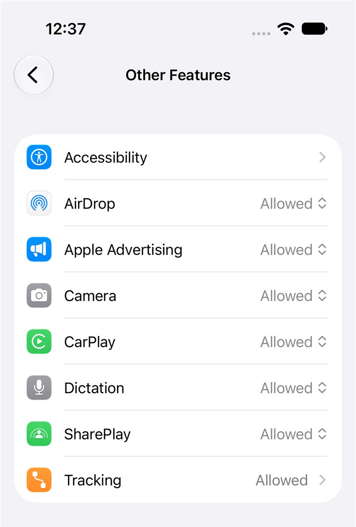 iPhone Other Features in iOS 27: AirDrop, Apple Advertising, Camera, CarPlay, Dictation, SharePlay and Tracking, each Allowed