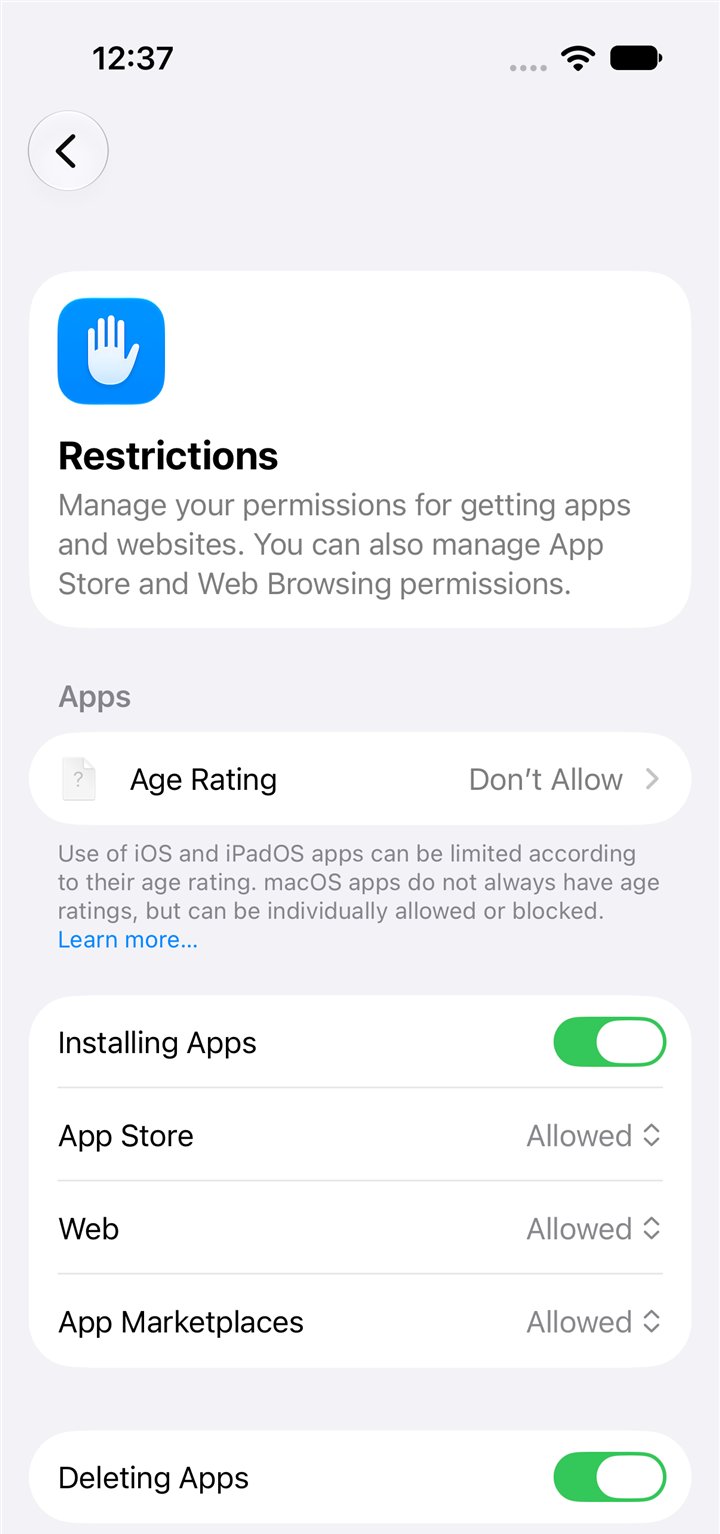 iPhone Screen Time Restrictions in iOS 27: Age Rating, Installing Apps, App Store, Web, App Marketplaces and Deleting Apps