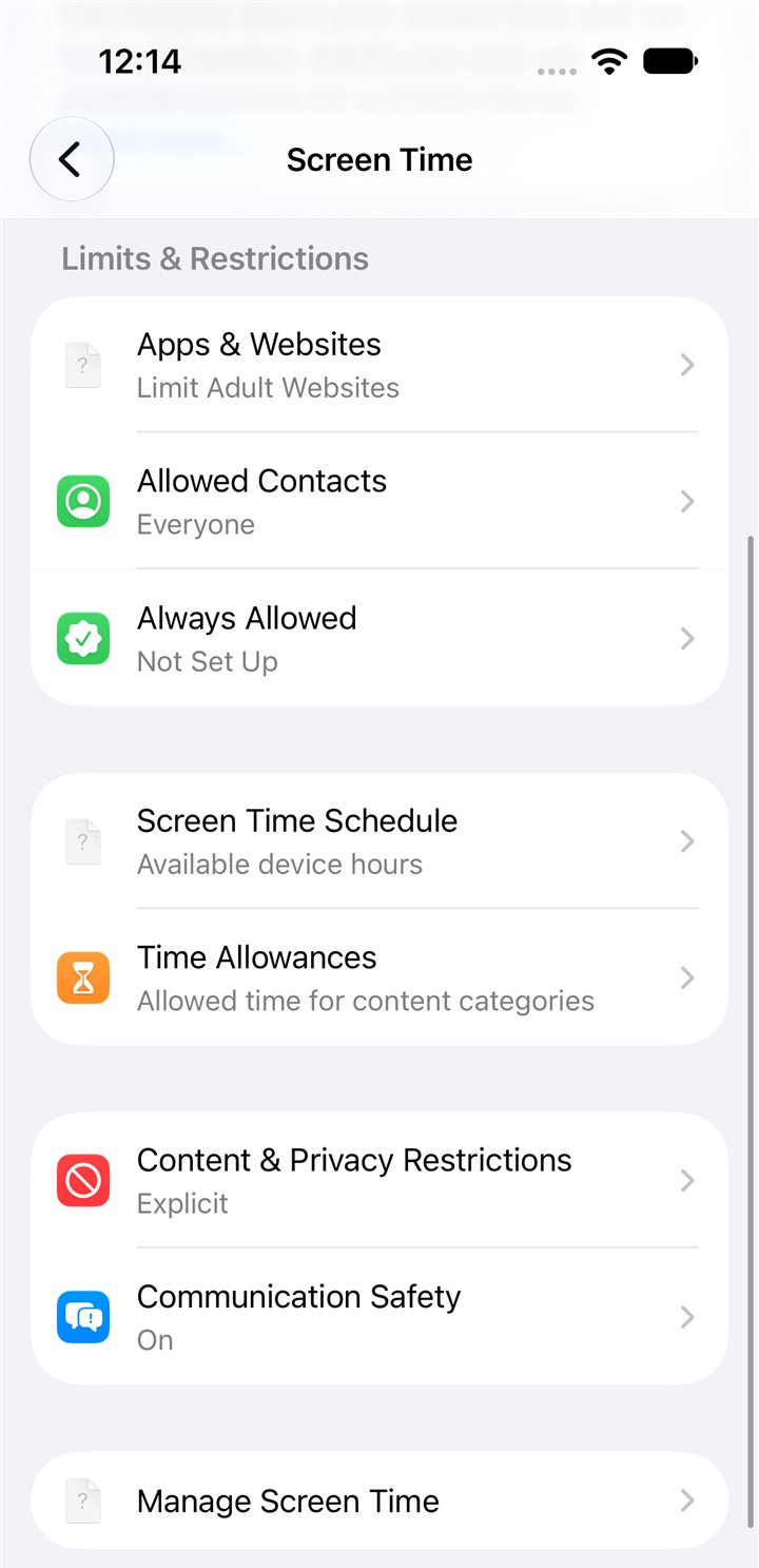 iPhone Screen Time in iOS 27, lower part: Content and Privacy Restrictions, Communication Safety turned on, Manage Screen Time