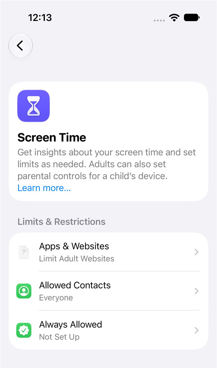 iPhone Settings, Screen Time in iOS 27: Limits and Restrictions with Apps and Websites, Allowed Contacts, Always Allowed, Screen Time Schedule and Time Allowances