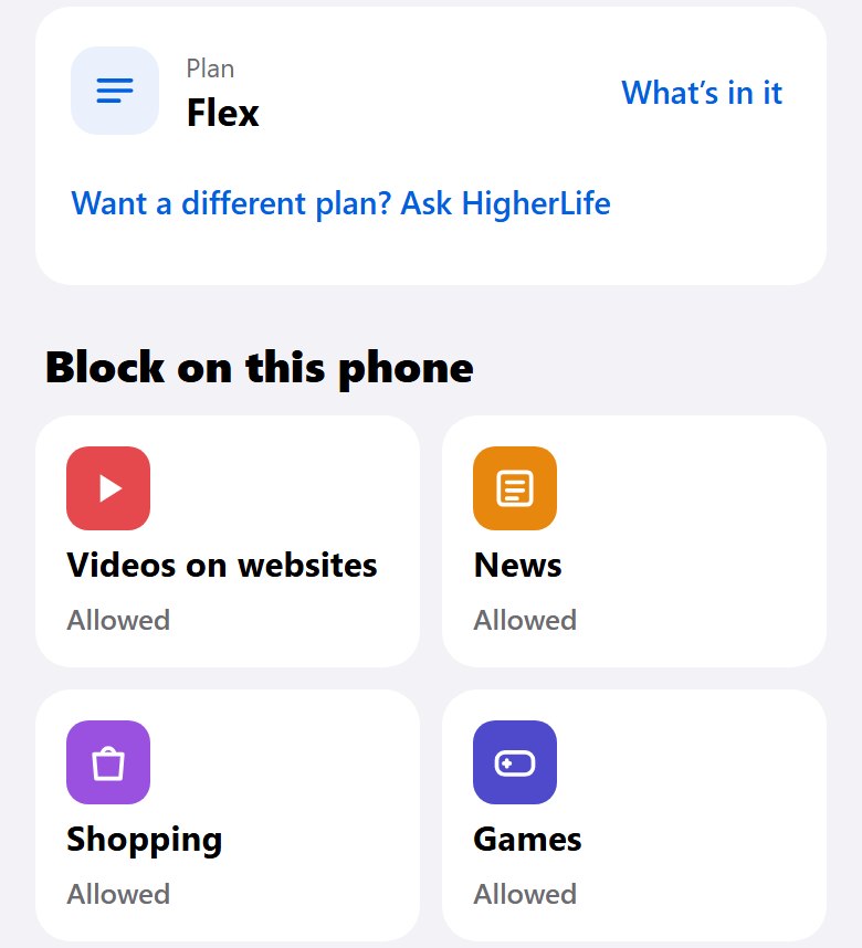 My HigherLife: the phone's plan (Flex) with 'Want a different plan? Ask HigherLife', and switches to block videos on websites, news, shopping and games on this phone