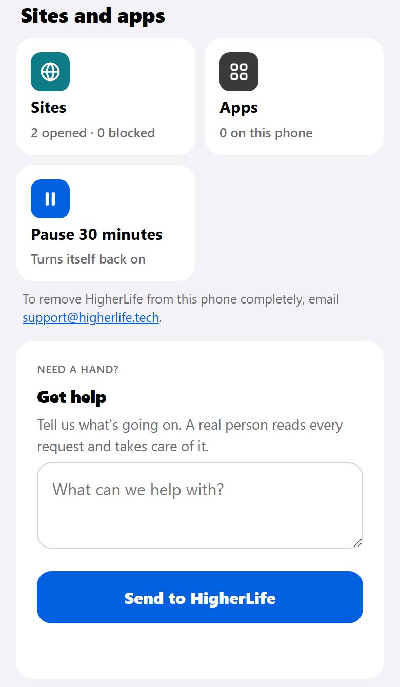 My HigherLife: sites opened and blocked, a Pause 30 minutes button that turns itself back on, 'To remove HigherLife from this phone completely, email support@higherlife.tech', and a Get help box read by a real person