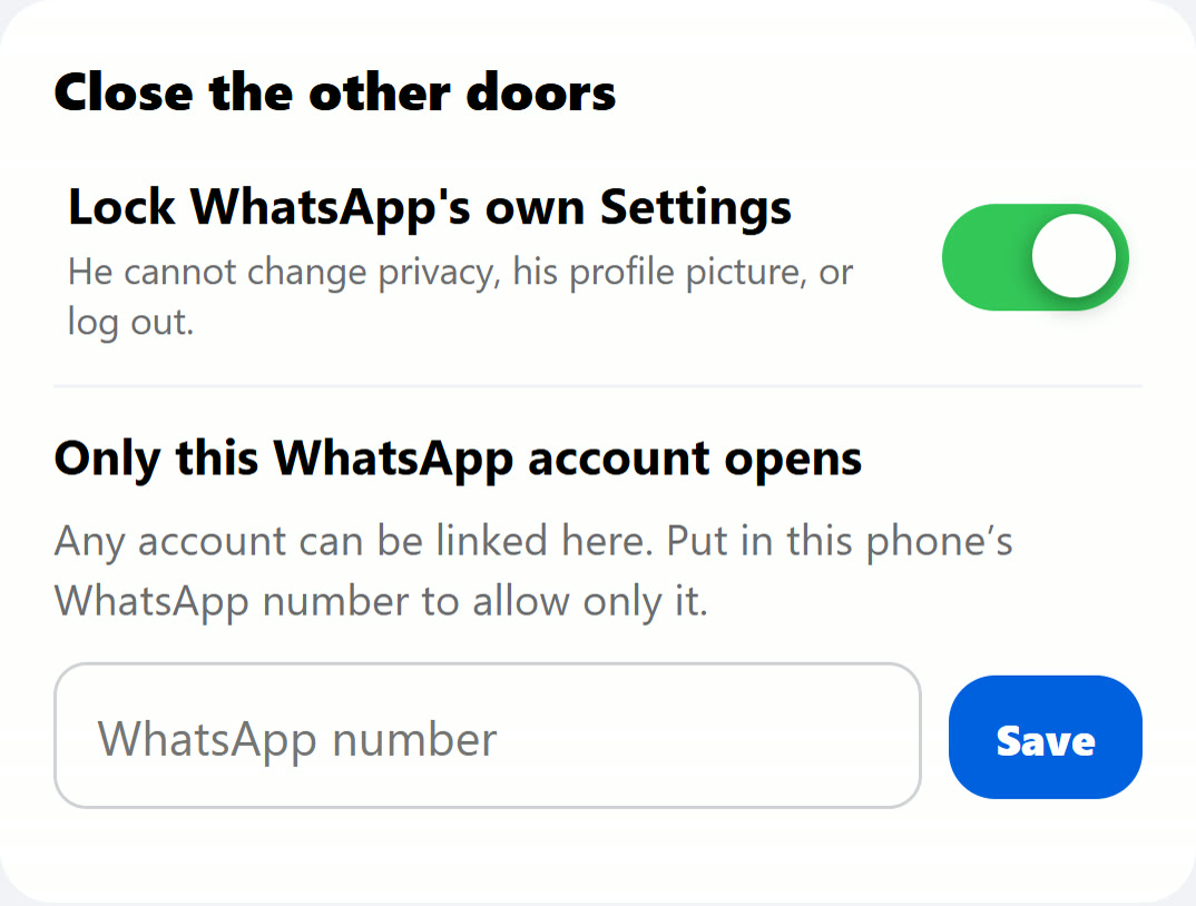 My HigherLife, Filtered WhatsApp: WhatsApp's own Settings locked, and only this WhatsApp account opens