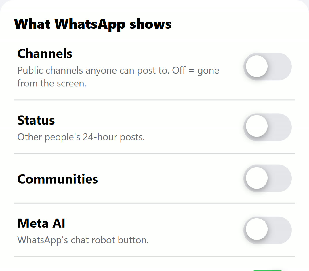 My HigherLife, Filtered WhatsApp: switches for Channels, Status, Communities and Meta AI, all off