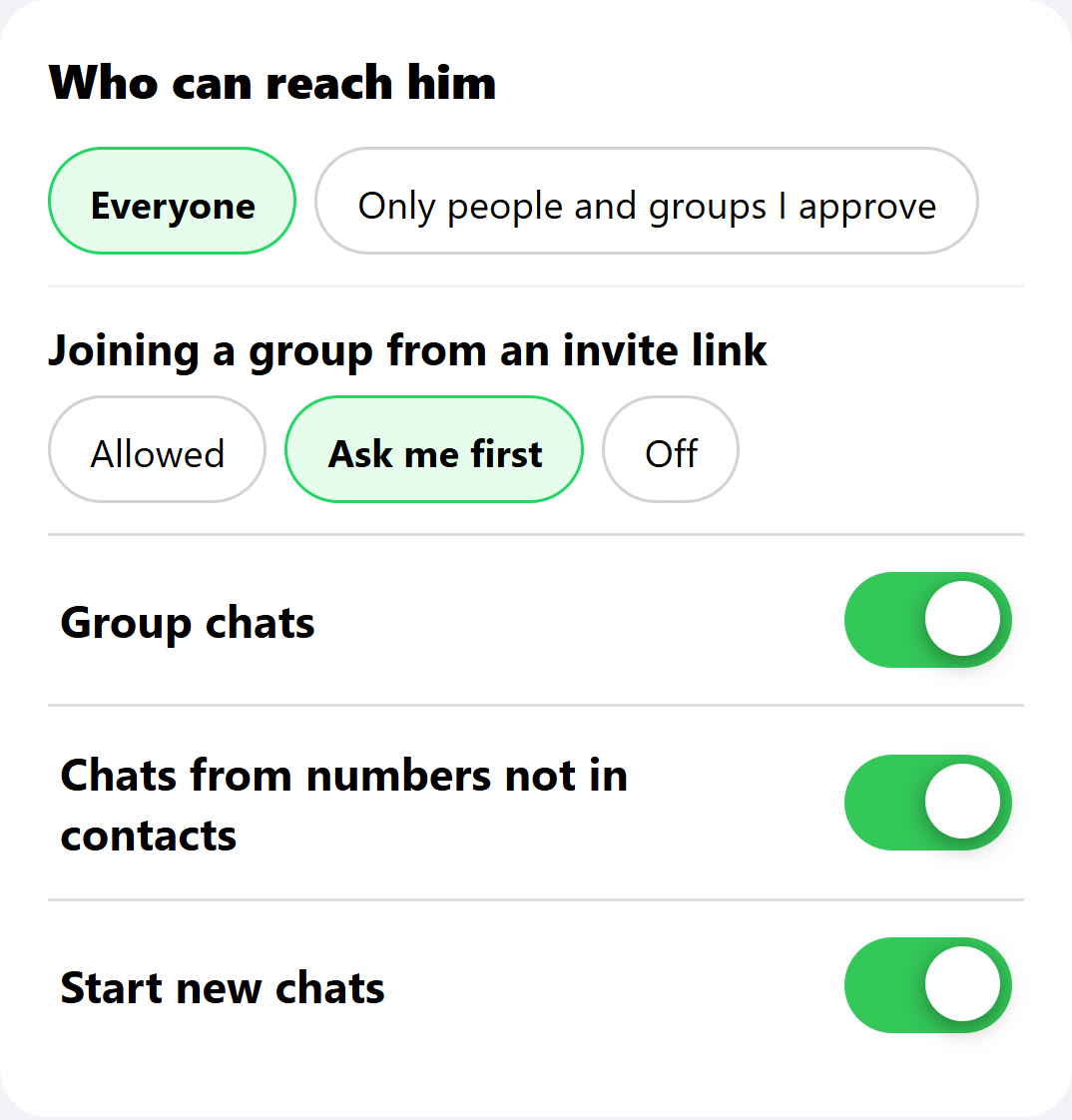 My HigherLife, Filtered WhatsApp: Who can reach him, Everyone or Only people and groups I approve, with invite links, group chats and unknown numbers