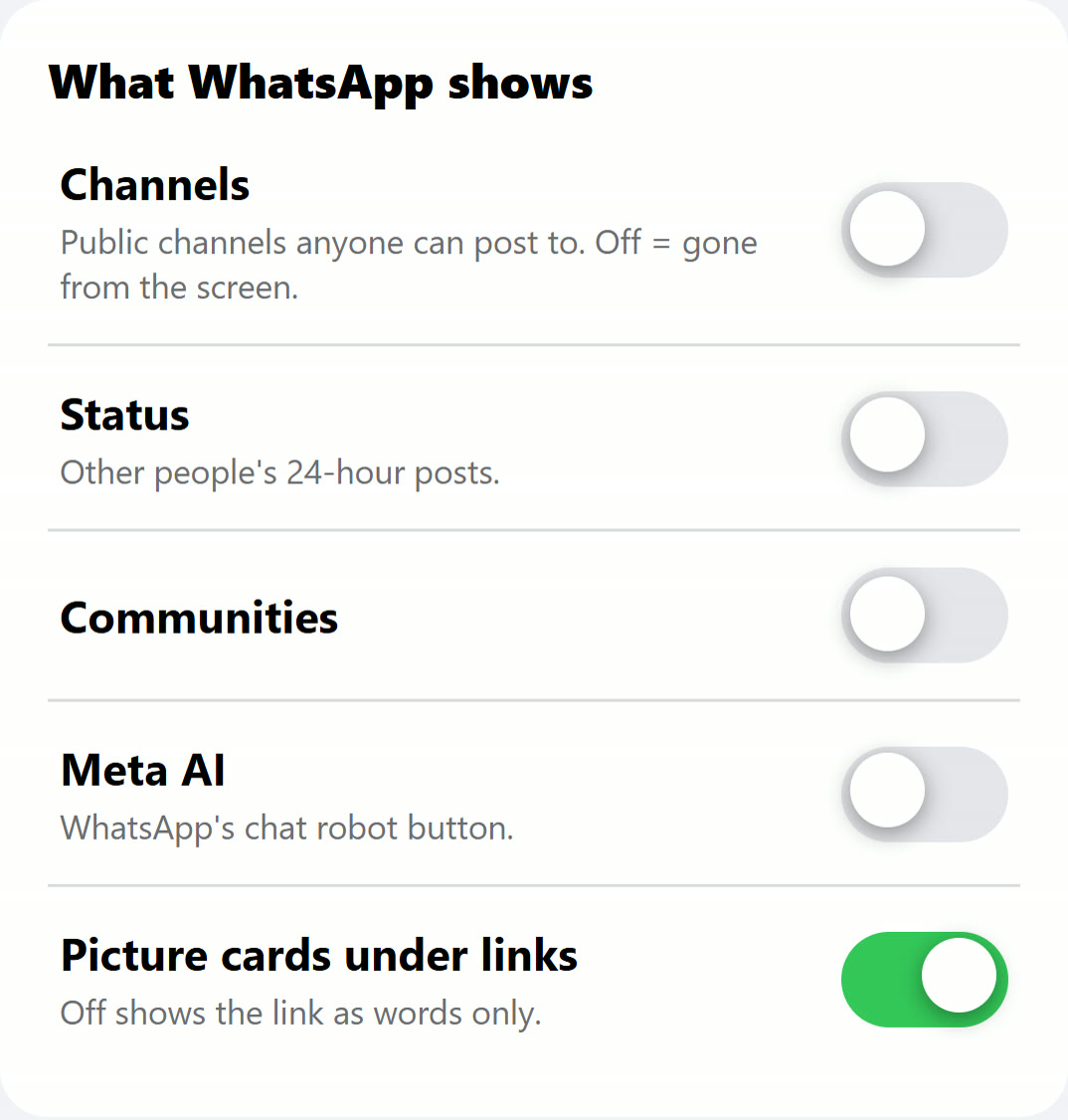 My HigherLife, Filtered WhatsApp: What WhatsApp shows, with switches for Channels, Status, Communities, Meta AI and picture cards under links