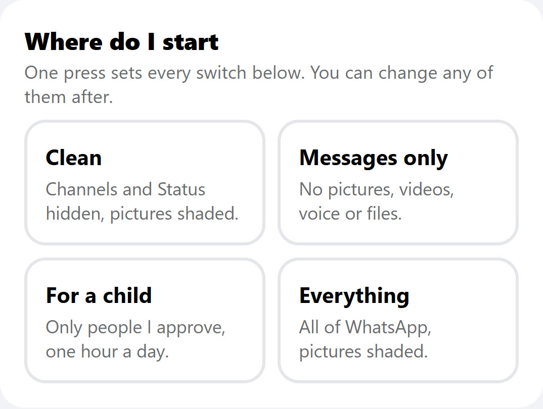 My HigherLife, Filtered WhatsApp: Where do I start, with four one-press starts: Clean, Messages only, For a child, Everything