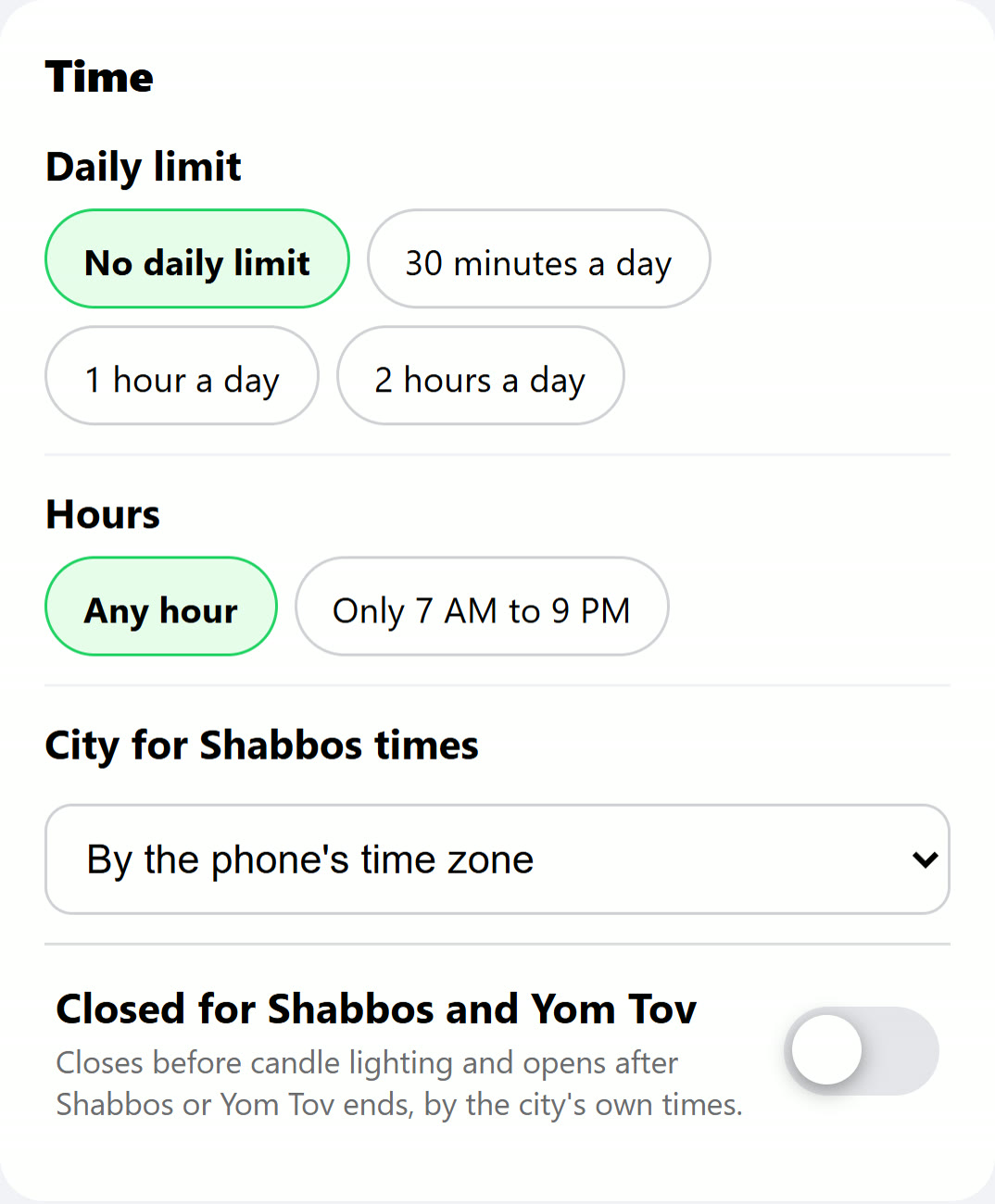 My HigherLife, Filtered WhatsApp: Time, with a daily limit, hours, and closed for Shabbos and Yom Tov