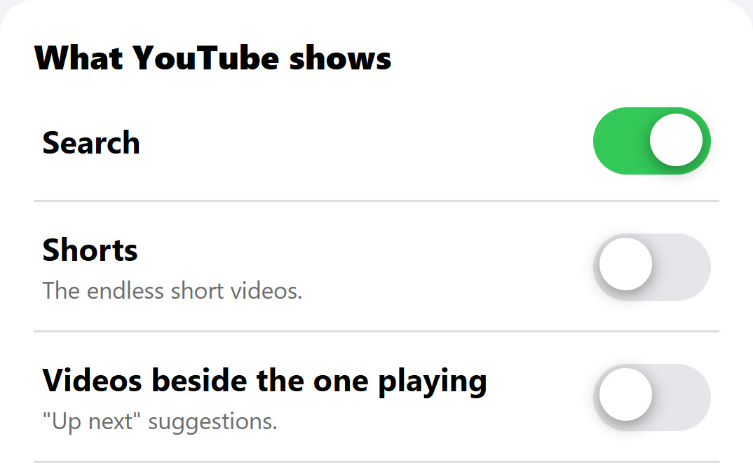 My HigherLife, Filtered YouTube: Search on, Shorts off (the endless short videos), Videos beside the one playing off