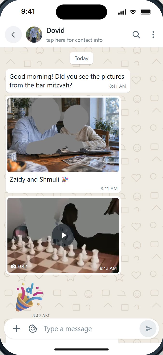 Filtered WhatsApp on the HigherLife try-it phone: a chat with its pictures shaded and its video waiting for a tap
