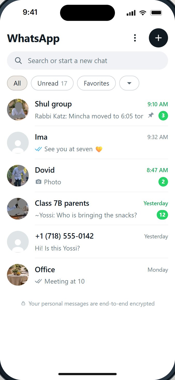 Filtered WhatsApp on the HigherLife try-it phone: the chat list, with only the people and groups a parent approved, and no Status, Channels or Communities