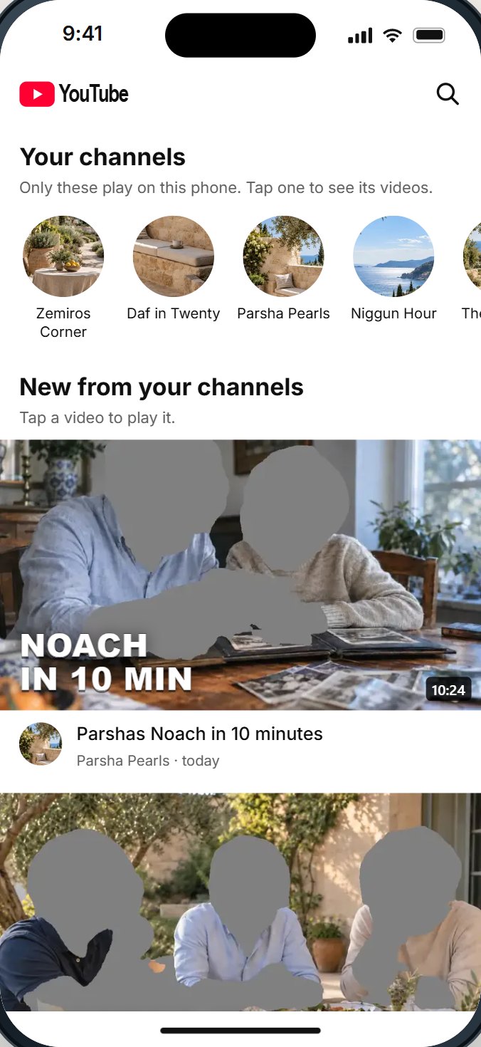 Filtered YouTube on the HigherLife try-it phone: the channels a parent chose and their newest videos, with no feed and no Shorts