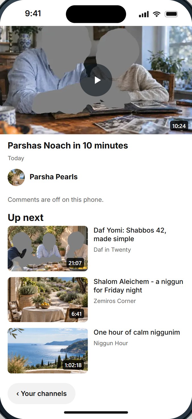 Filtered YouTube on the HigherLife try-it phone: a video's own screen, with comments off and the next videos only from the chosen channels