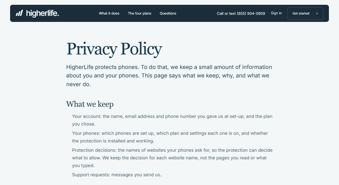 HigherLife's published Privacy Policy: what we keep (your account, your phones, protection decisions, support requests) and why we keep it