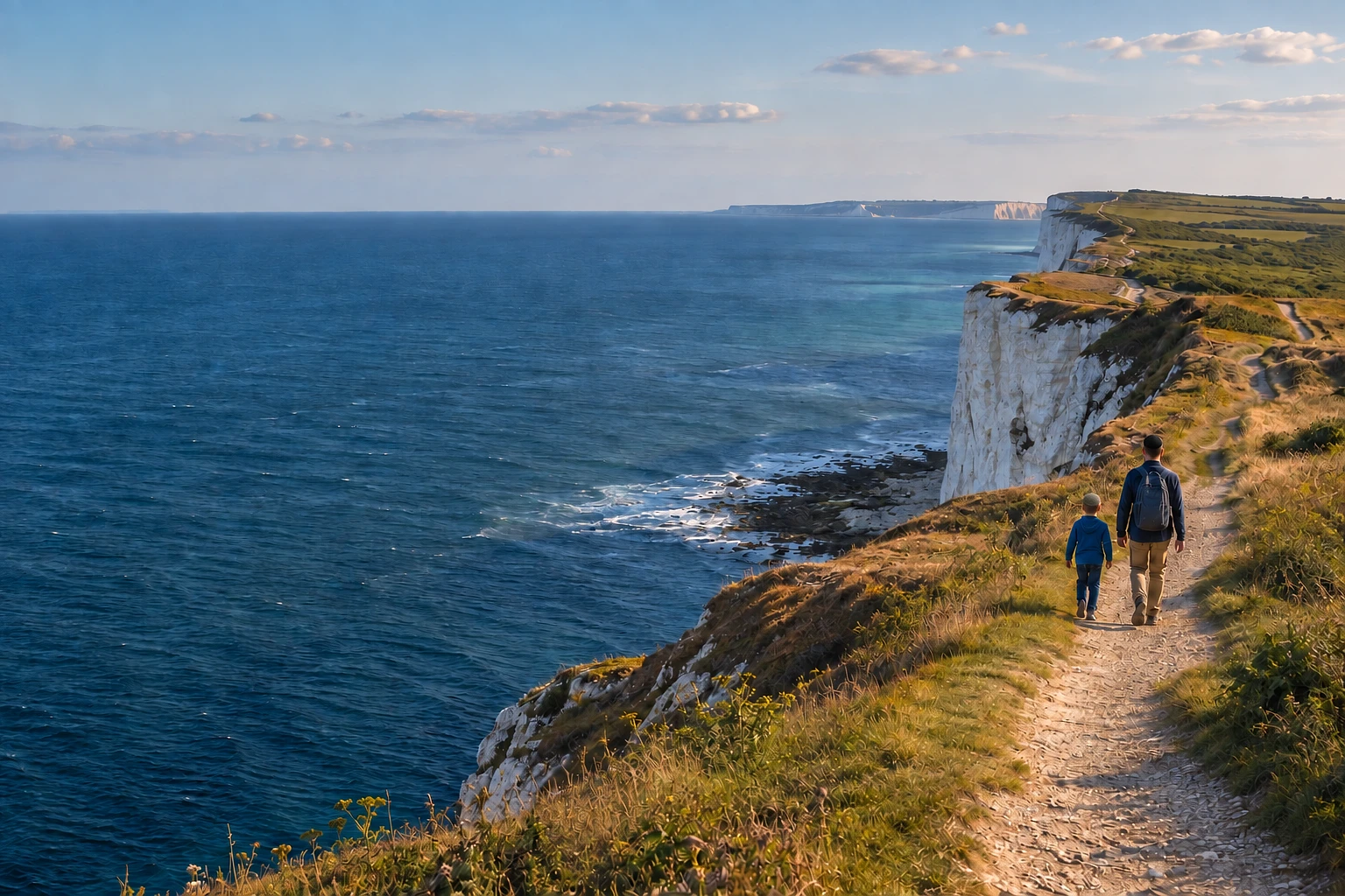 A father in a black kippah and a son in an olive knitted kippah walking beside the sea