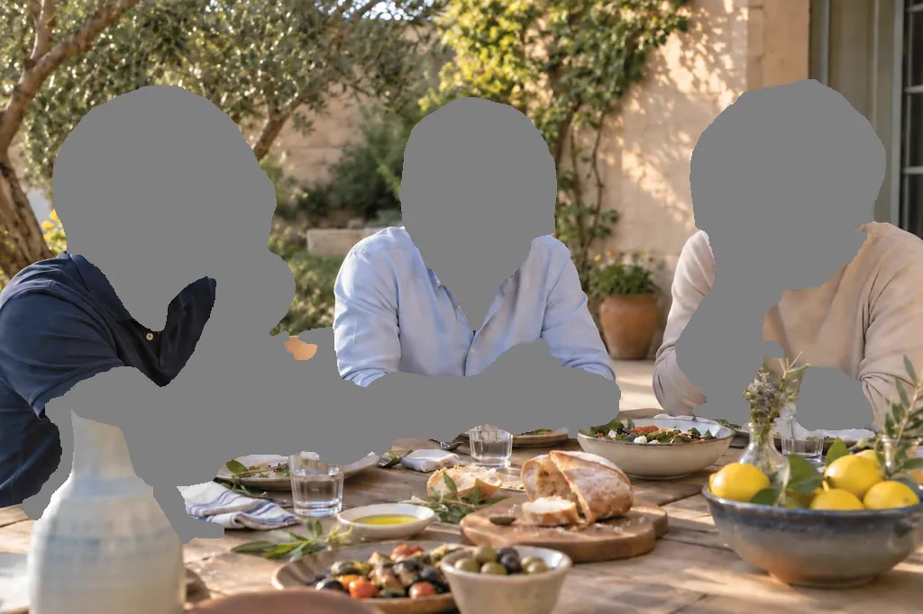 Three men talking at an outdoor table, shaded by HigherLife
